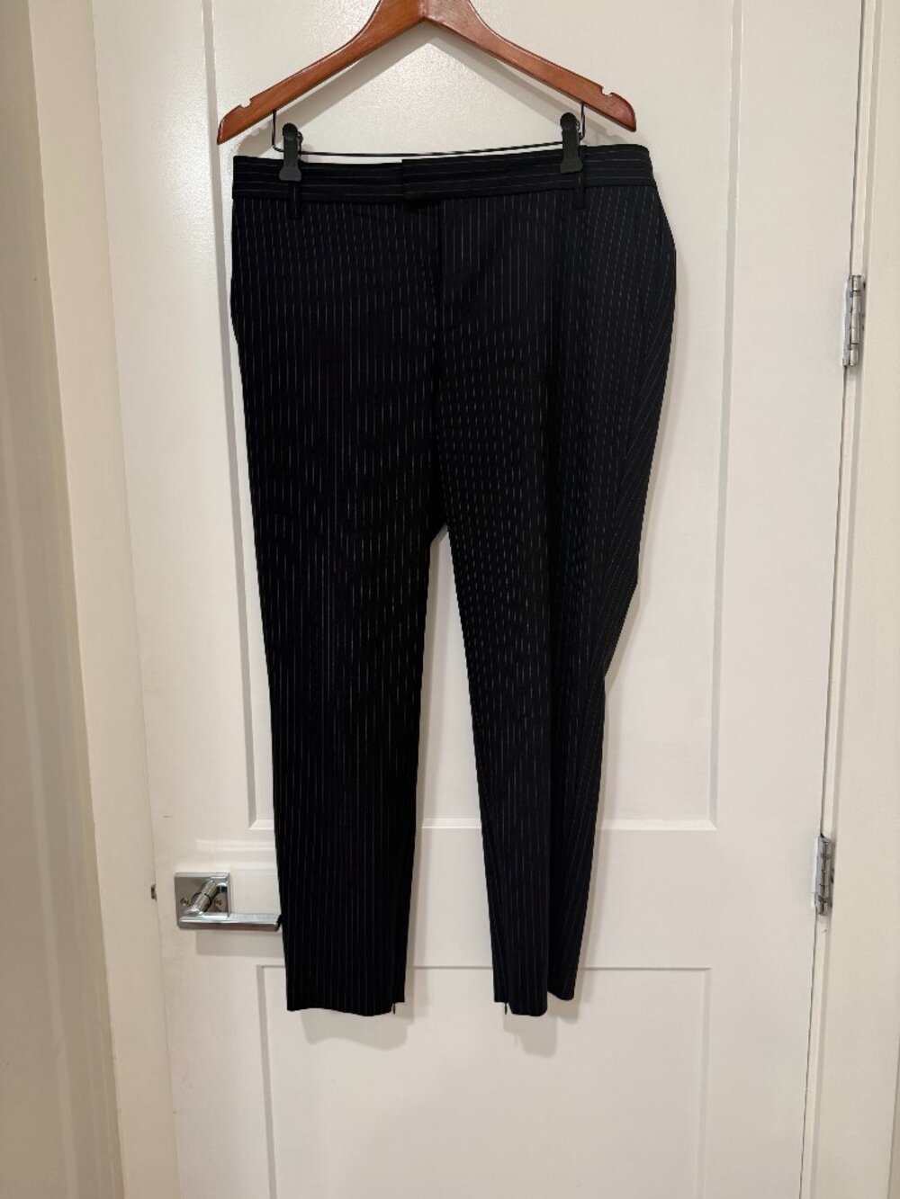 Navy pinstripe cropped trousers -- wool blend